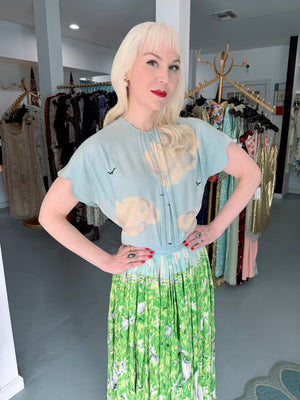 1942 Gilbert Adrian Iconic 'Gamboling Lambs' Scenic Print Scalloped Patio Dress