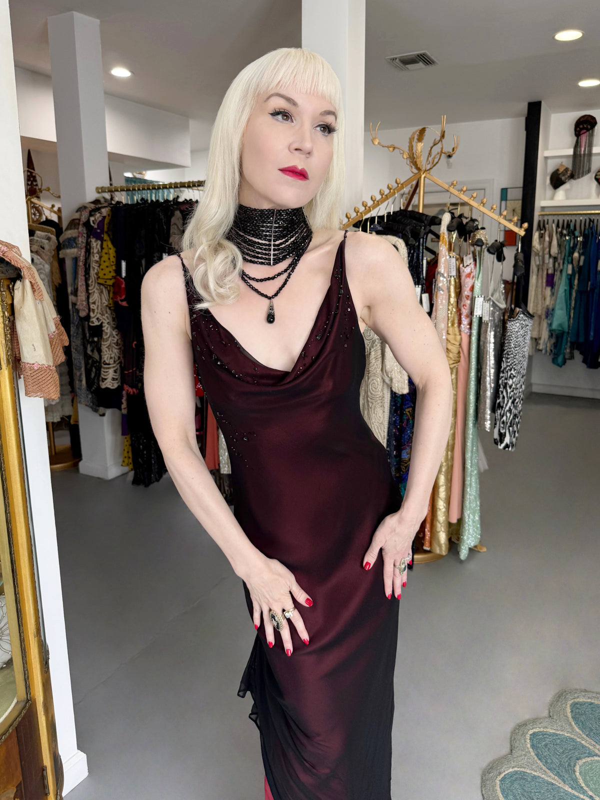 2000 John Galliano Beaded Black Sheer Silk Chiffon & Red Satin Draped Bias-Cut Gown