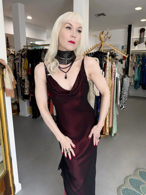 2000 John Galliano Beaded Black Sheer Silk Chiffon & Red Satin Draped Bias-Cut Gown