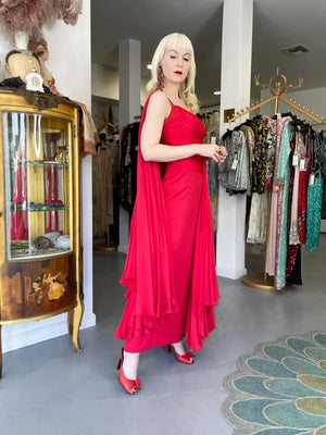 1960's Martha Weathered Couture Ruby-Red Pleated Silk Draped Goddess Gown