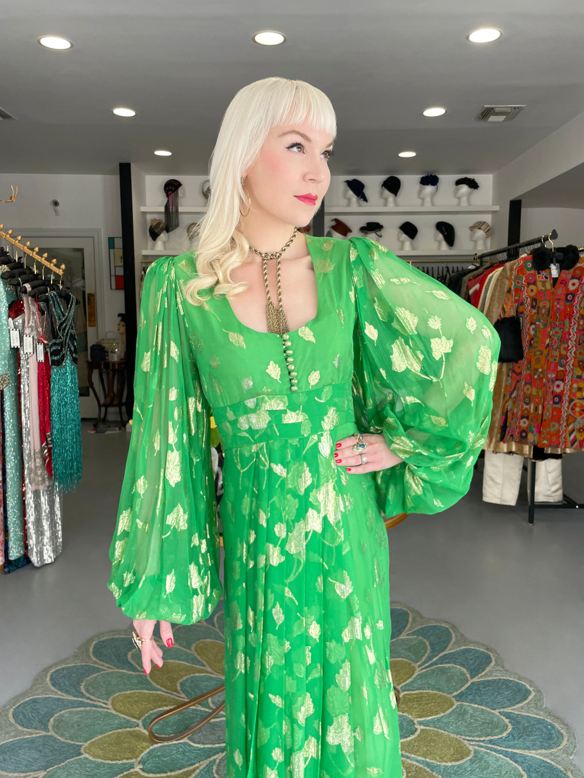 1974 Thea Porter Couture Metallic Green Sheer Silk Billow-Sleeve Maxi Dress