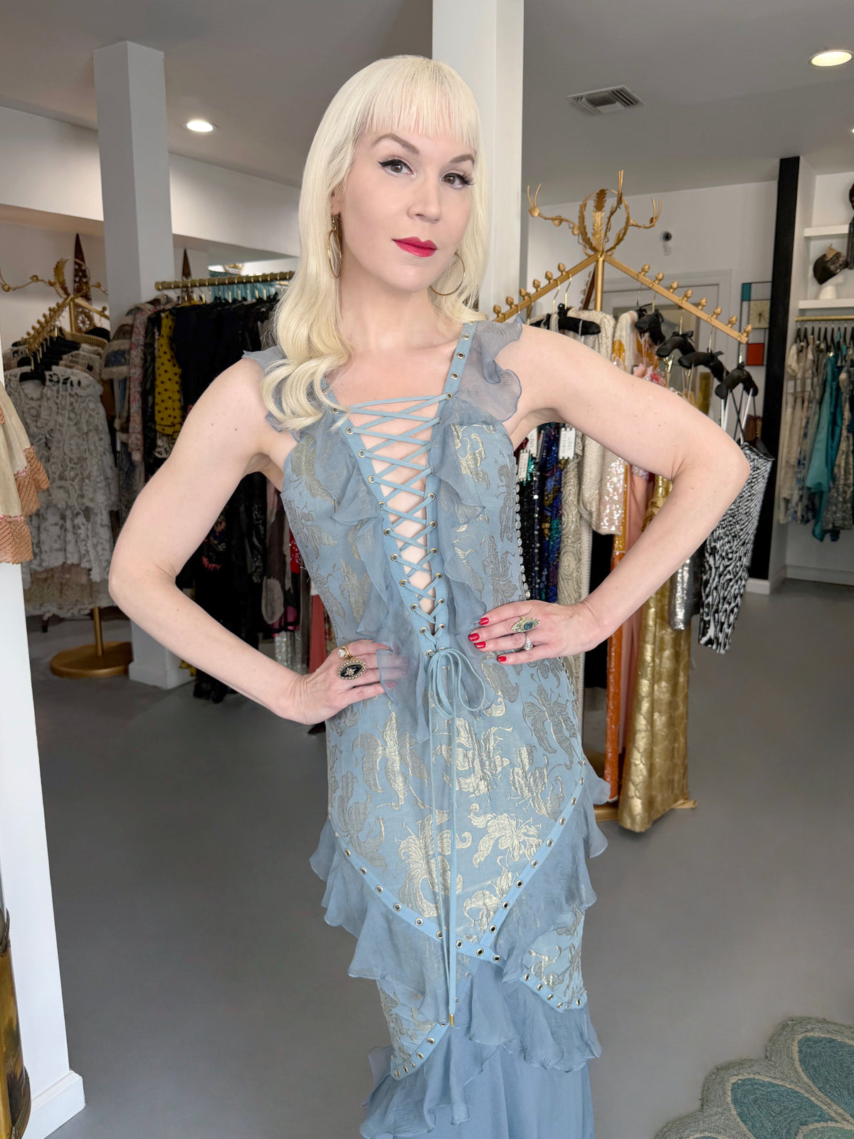 2003 Christian Dior by John Galliano Metallic Powder Blue Floral Silk Brocade Lace Up Bias-Cut Gown