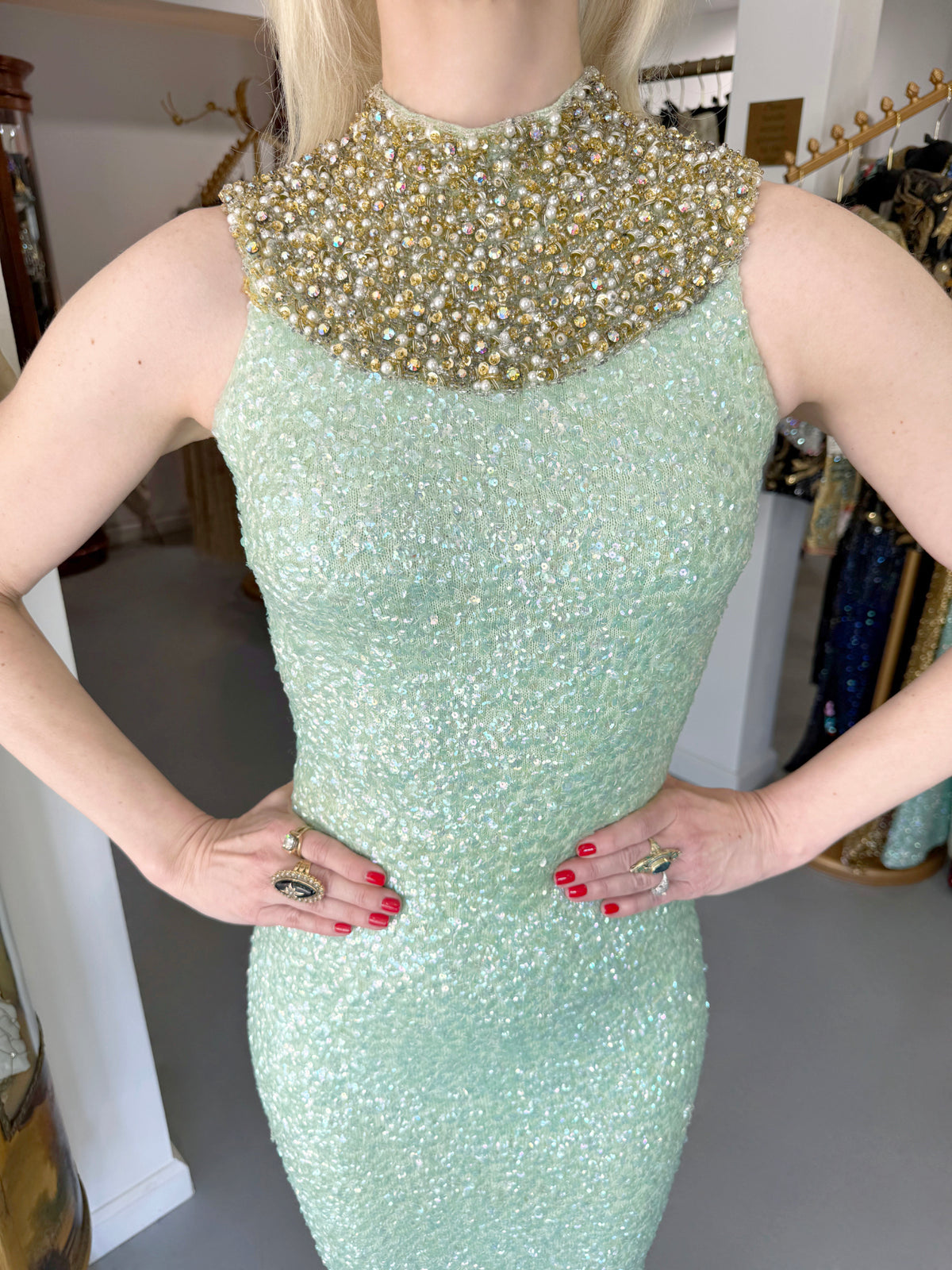 1960's Gene Shelly Seafoam Fully- Sequin Stretch Knit Beaded Collar Hourglass Gown