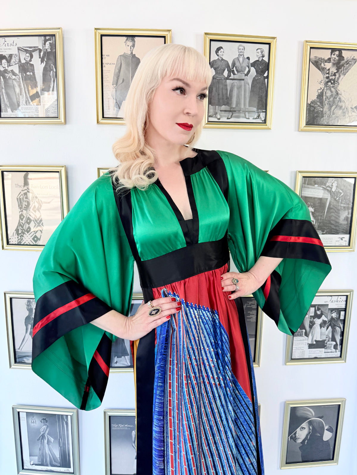 1977 Ungaro Haute Couture Runway Colorful Silk Kimono-Sleeve Tunic Blouse &amp; Skirt Ensemble