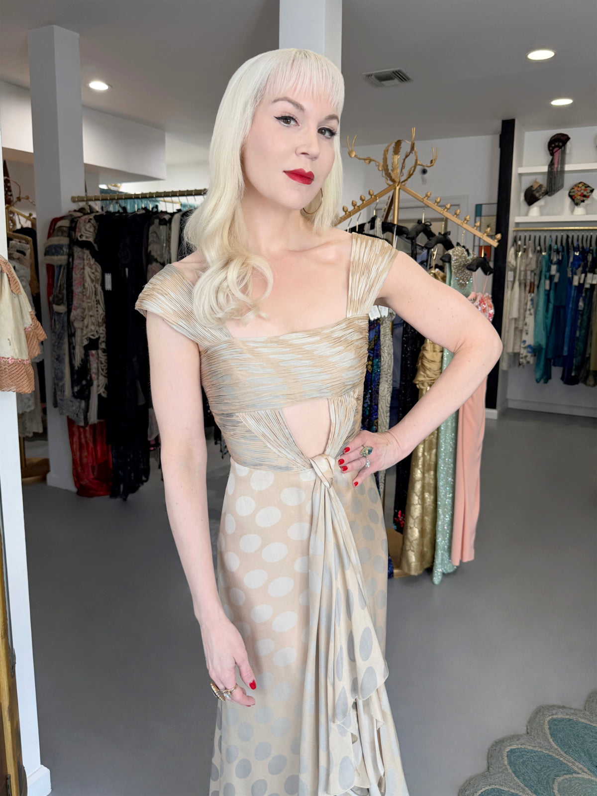 2008 Valentino Runway Polka-Dot Champagne &amp; Silver Silk Ruched Cut-Out Gown