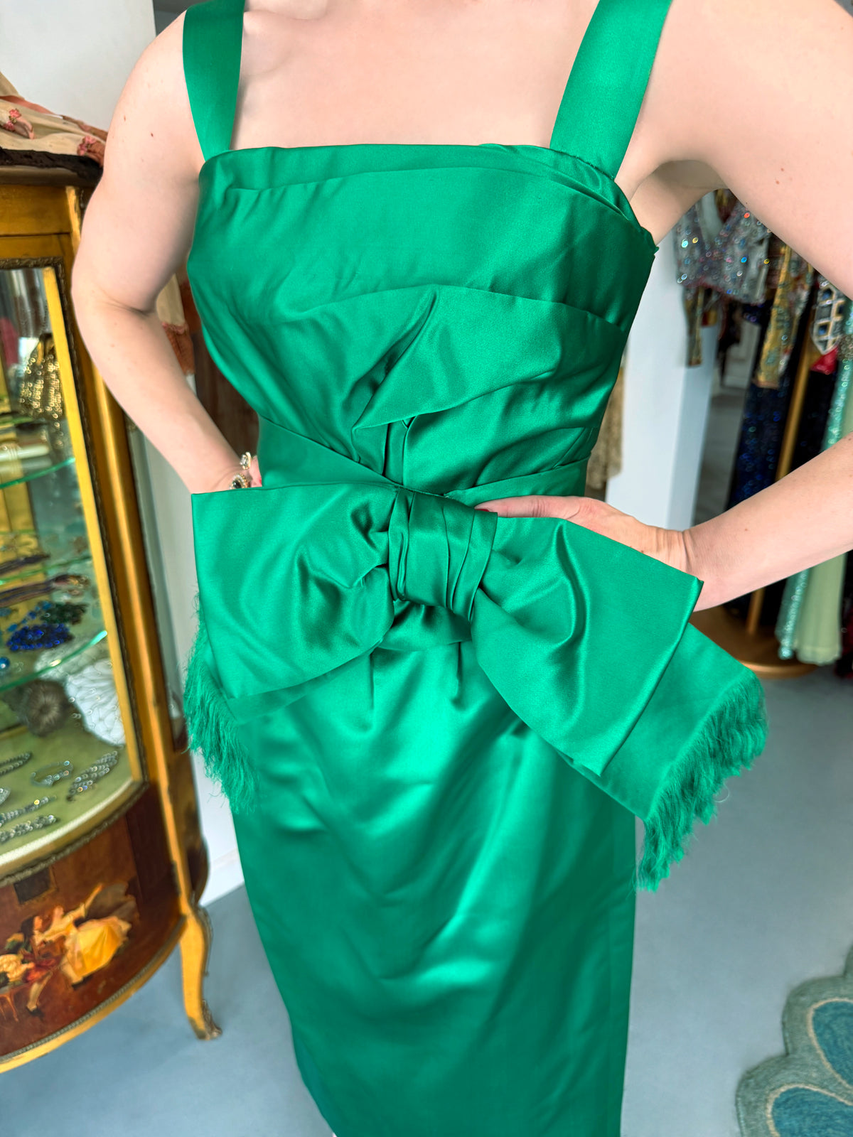1958 Christian Dior by Yves Saint Laurent Emerald Green Satin Sash-Bow Cocktail Dress