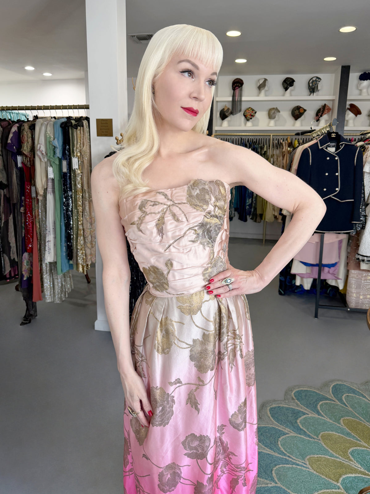 1950’s Philip Hulitar Couture Metallic Floral Ombré Pink Silk Satin Appliquéd Strapless Gown