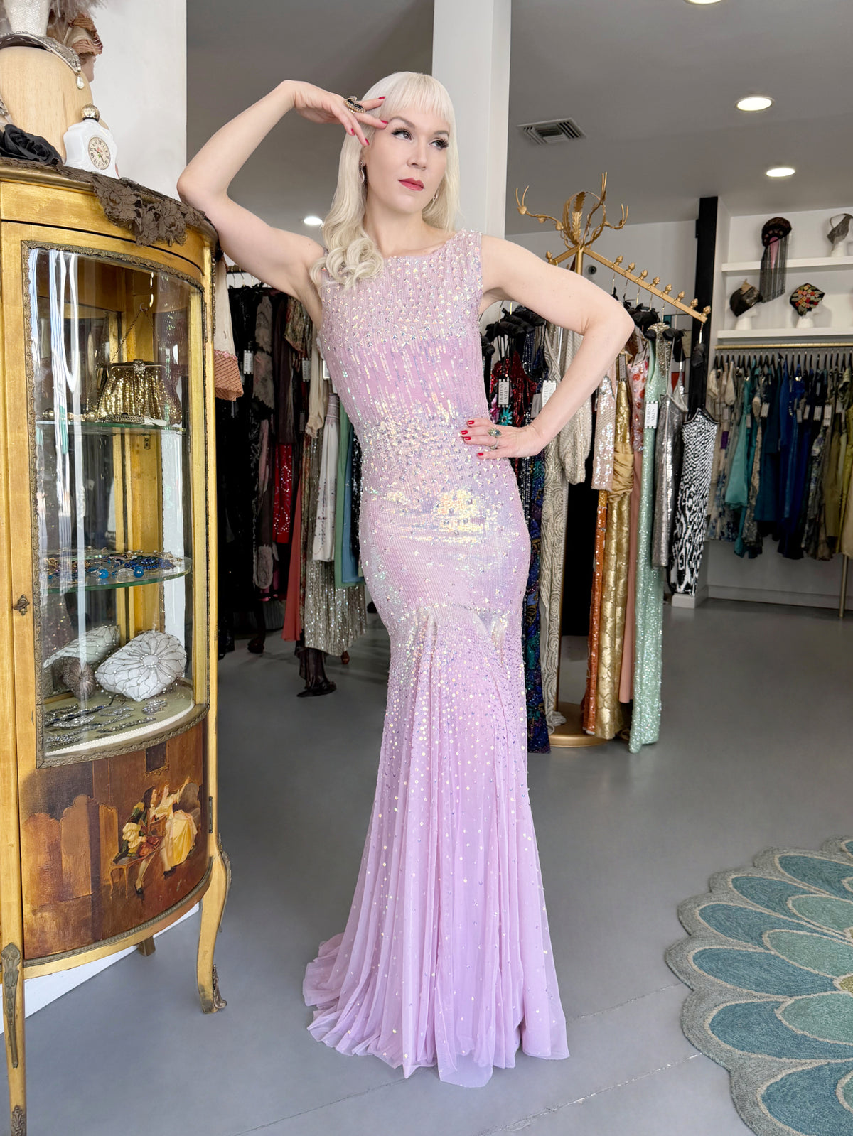 2012 Blumarine Runway Iridescent Lilac Pink Fully Sequin Cut-Out Hourglass Mermaid Gown