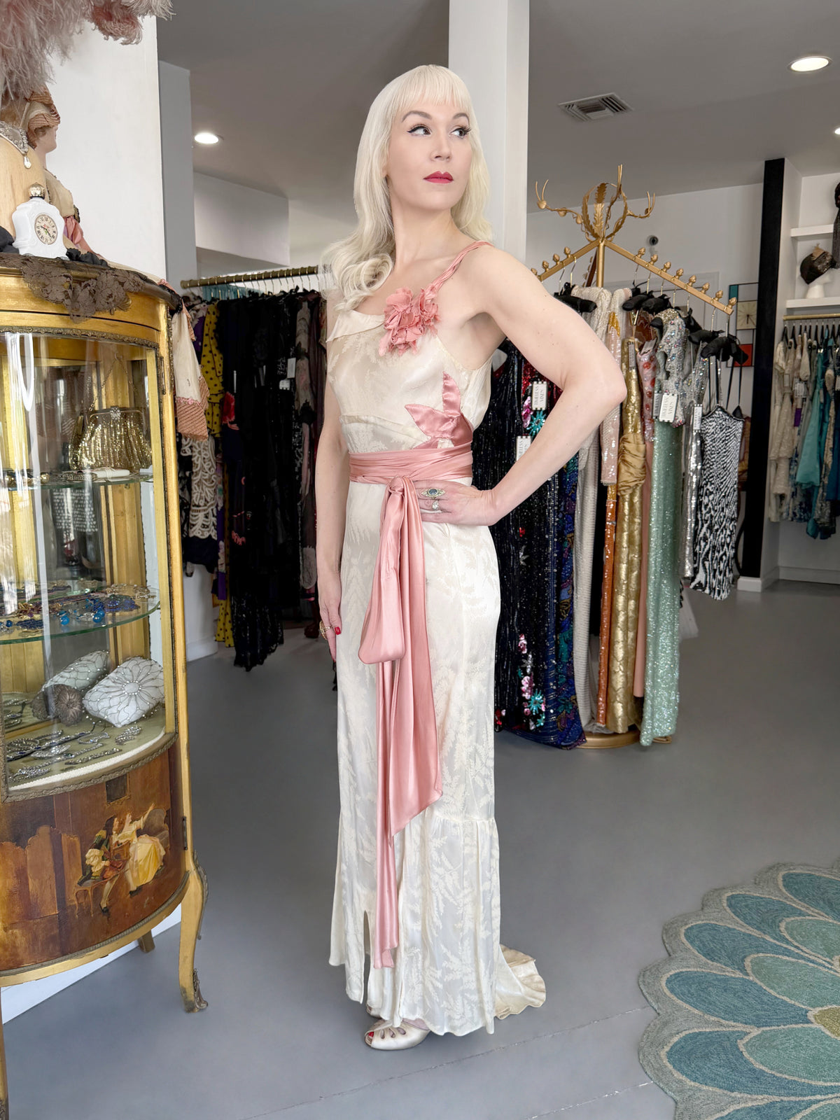 1930’s Ivory Leaf Motif & Blush Pink Silk Satin Floral Appliqué Bias-Cut Trained Couture Gown