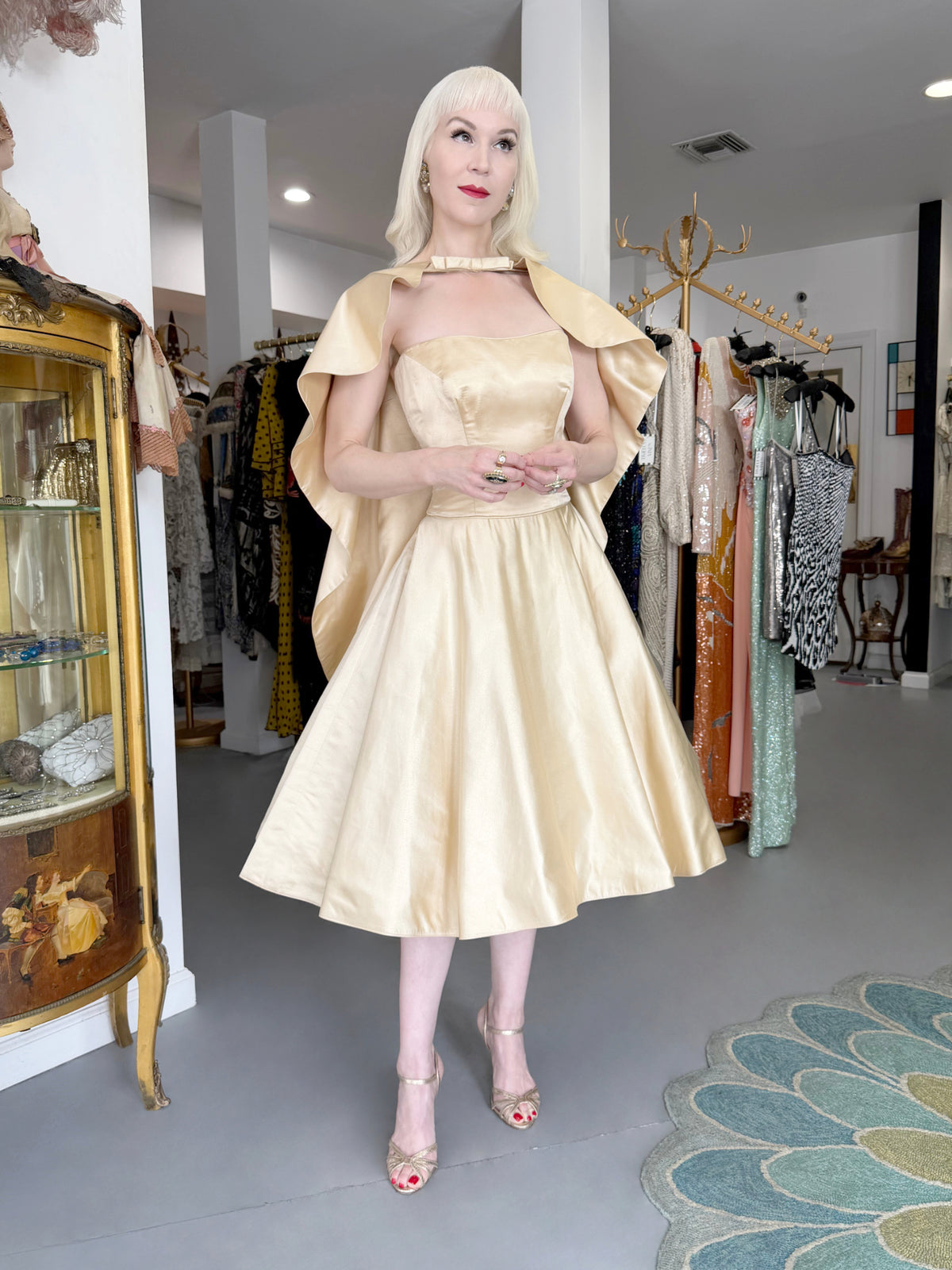 1950's Don Loper Couture Ivory Silk Satin Strapless Full-Skirted Dress w/ Detachable Cape