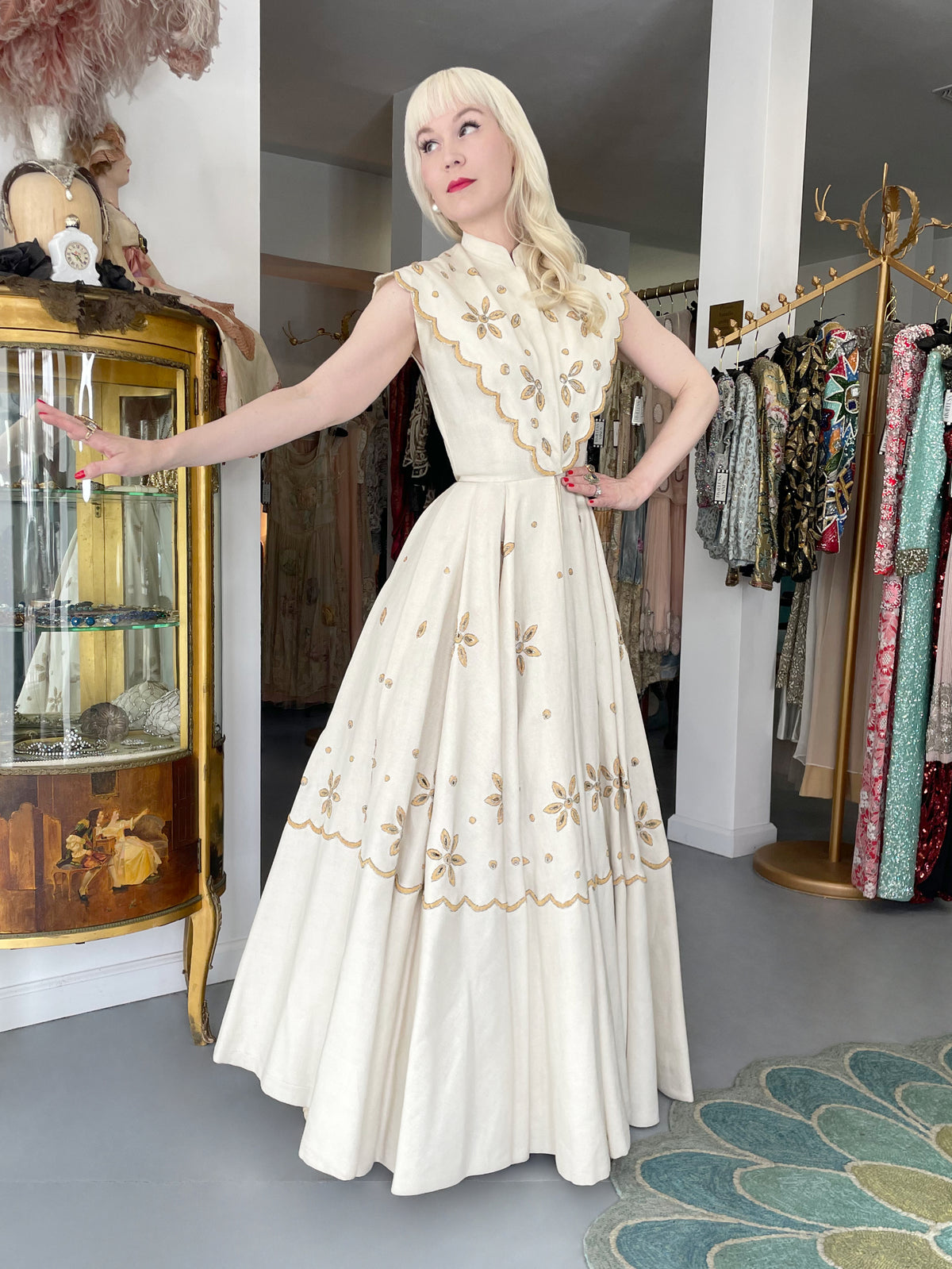 1949 Jacques Fath Attributed Haute Couture Embroidered Beaded Eyelet Cream Linen Gown