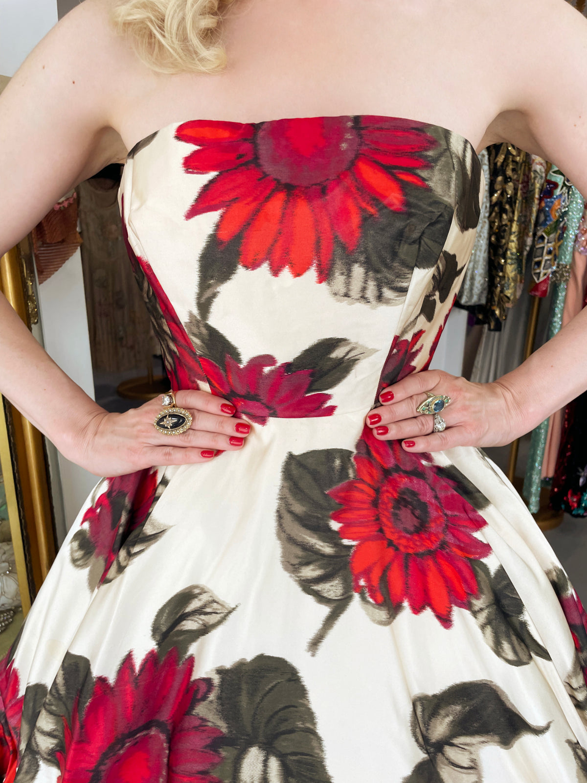 1958 Arnold Scaasi Couture Museum-Held Red Dahlias Floral Silk Strapless Dress &amp; Swing Jacket