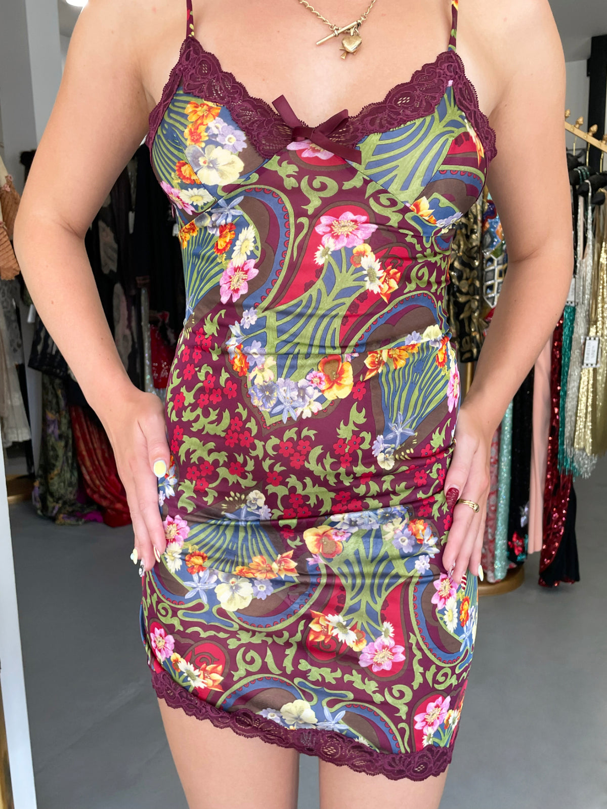 2005 Christian Dior by John Galliano Burgundy Floral Semi-Sheer Mini Slip Dress w/ Tags