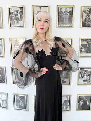 1979 Loris Azzaro Black Silk Jersey Sheer Illusion Petal Motif Billow-Sleeve Gown