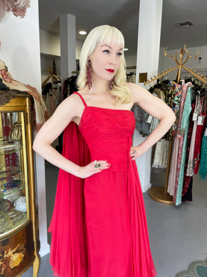 1960's Martha Weathered Couture Ruby-Red Pleated Silk Draped Goddess Gown