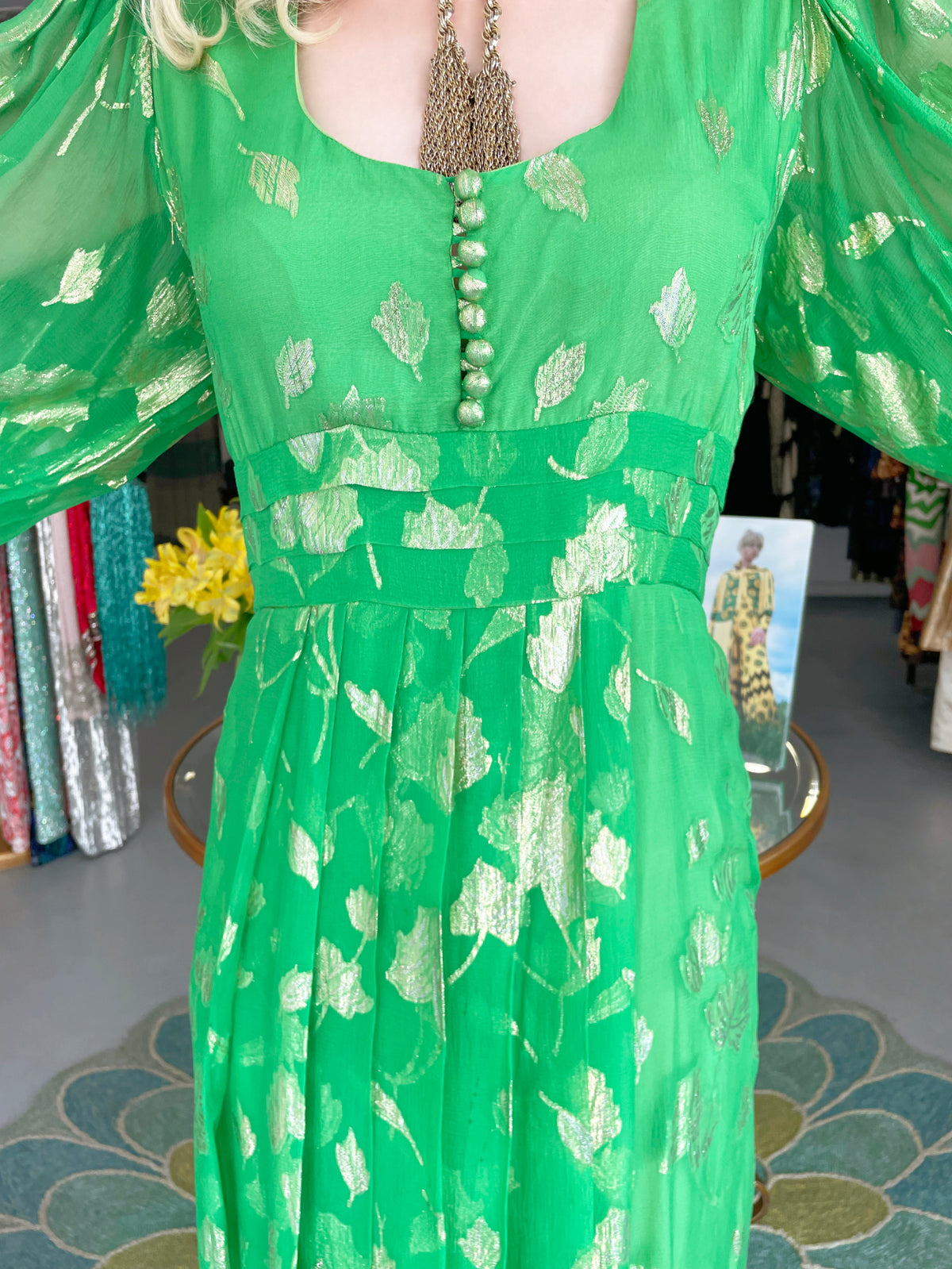 1974 Thea Porter Couture Metallic Green Sheer Silk Billow-Sleeve Maxi Dress