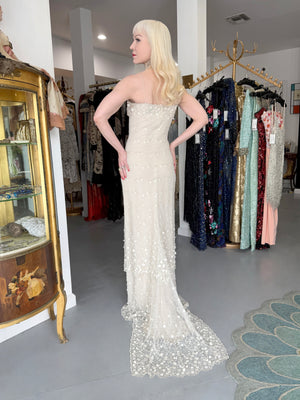 2004 Randi Rahm Couture Embroidered Metallic Ivory Lace Appliqué Trained Slip Gown