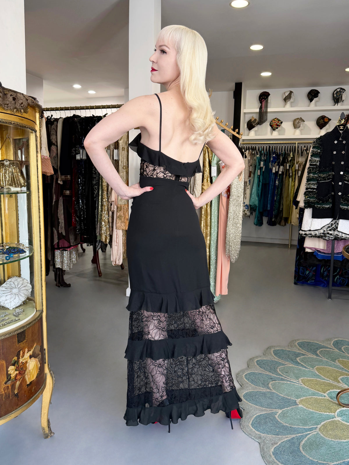 1994 Chanel by Karl Lagerfeld Cruise Collection Sheer Black Lace Ruffle-Trim Lingerie Gown