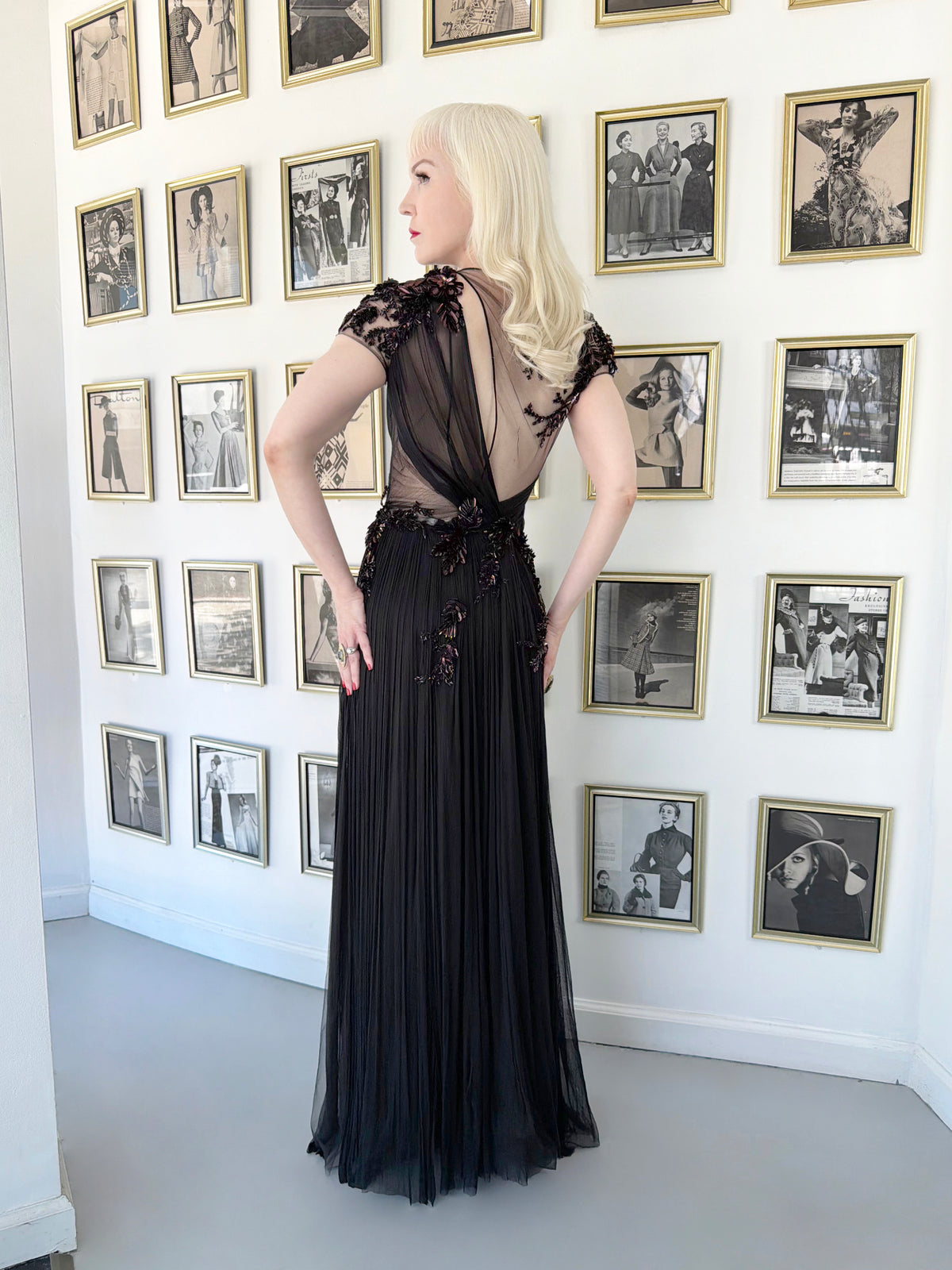2012 Gucci Runway Editorial Heavily Embellished Sequin Sheer Black Pleated Tulle Gown