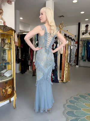 2003 Christian Dior by John Galliano Metallic Powder Blue Floral Silk Brocade Lace Up Bias-Cut Gown