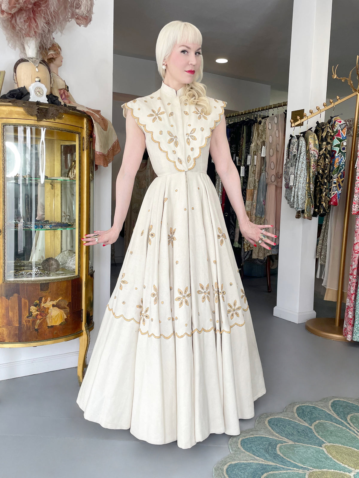 1949 Jacques Fath Attributed Haute Couture Embroidered Beaded Eyelet Cream Linen Gown