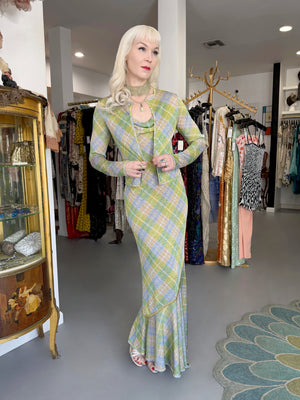 2000 John Galliano Metallic Plaid Lurex Knit Bias-Cut Maxi Dress w/ Matching Cardigan