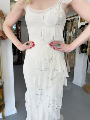 1990 Angelo Tarlazzi Paris Couture Ivory Silk Rhinestone Petals Bias-Cut Trained Gown