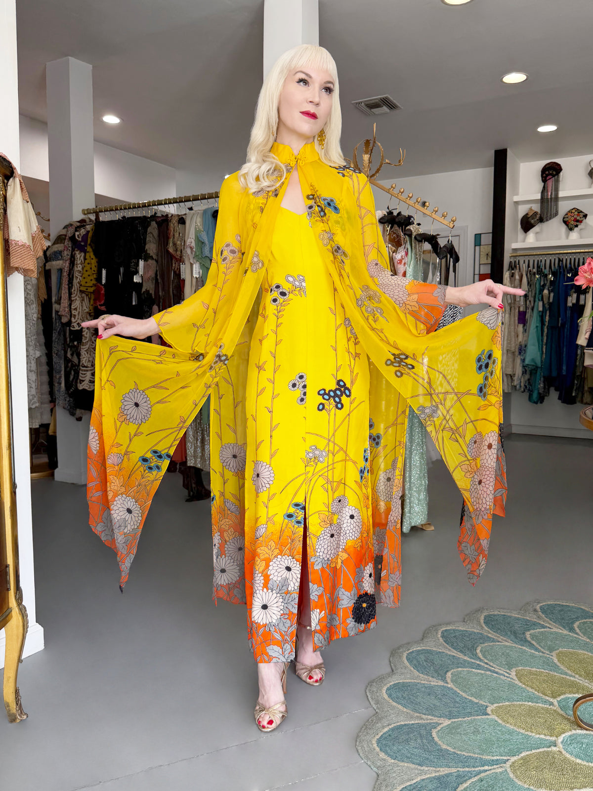 1972 Hanae Mori Couture Vogue Editorial Sunset Ombrè Floral Silk Gown & Matching Sheer Jacket