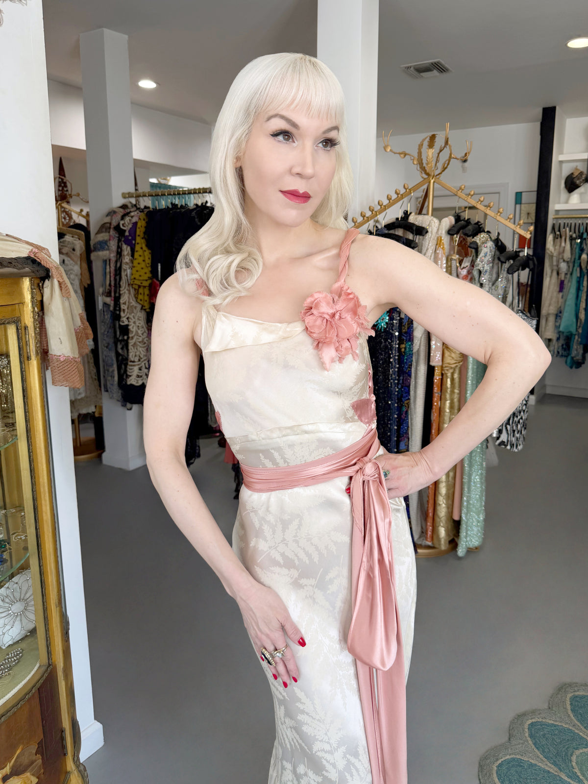 1930’s Ivory Leaf Motif & Blush Pink Silk Satin Floral Appliqué Bias-Cut Trained Couture Gown