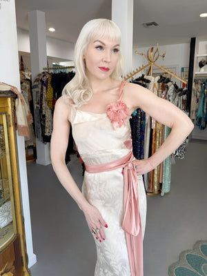 1930’s Ivory Leaf Motif & Blush Pink Silk Satin Floral Appliqué Bias-Cut Trained Couture Gown