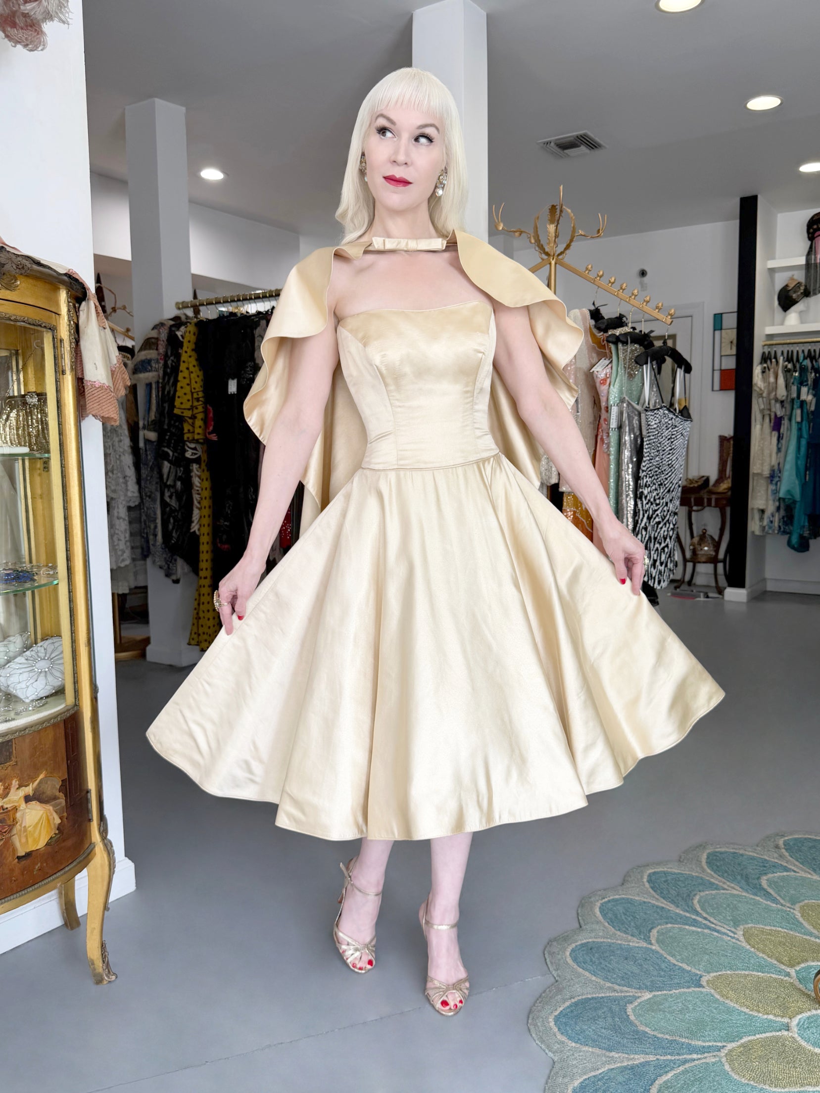 1950's Don Loper Couture Ivory Silk Satin Full-Skirted Dress w/ Cape