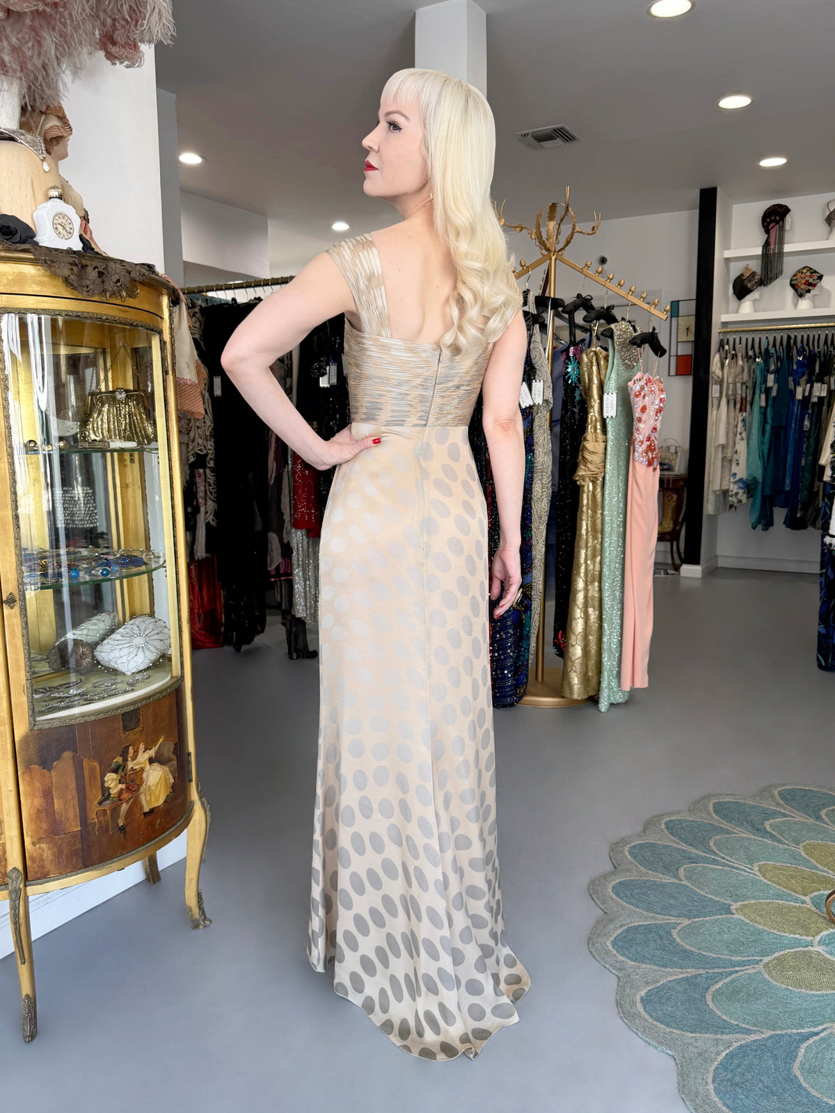 2008 Valentino Runway Polka-Dot Champagne &amp; Silver Silk Ruched Cut-Out Gown