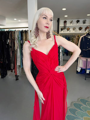 2007 Emanuel Ungaro Lipstick Red Heavily Ruched Silk Chiffon Trained Hourglass Gown