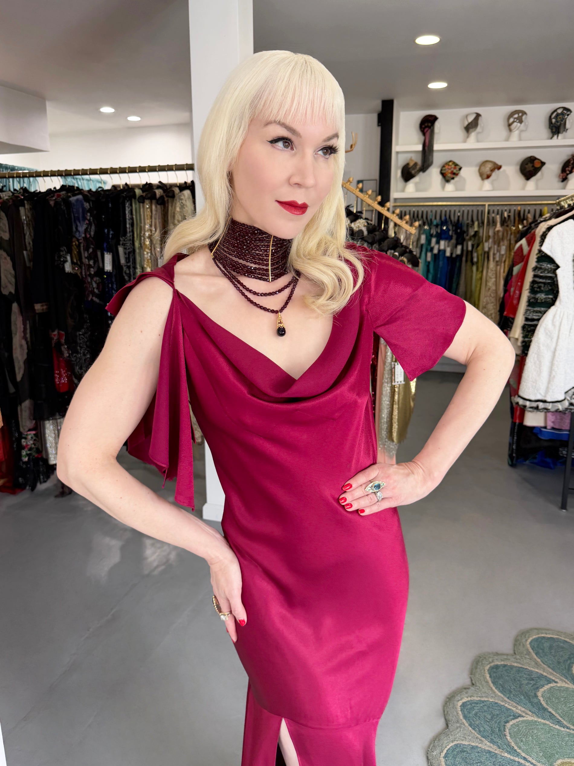 john galliano red dress 1999 John Galliano Maori Collection Wine Red Asymmetric Bias-Cut Gown