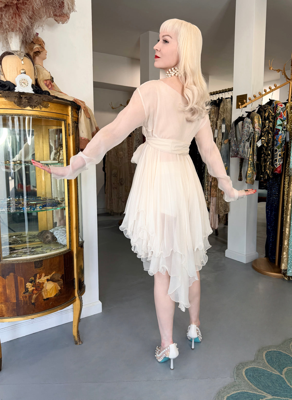 1991 Dolce &amp; Gabbana Runway Ivory Silk Belted Sash Tiered Babydoll Mini Dress