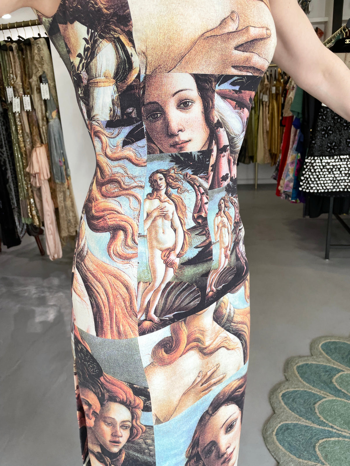 1993 Dolce &amp; Gabbana Iconic Runway &#39;Birth of Venus&#39; Collage Print High-Slit Hourglass Dress