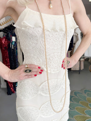 2005 Christian Dior by John Galliano Ivory Knit Appliqué Sheer Silk Fitted Slip Dress
