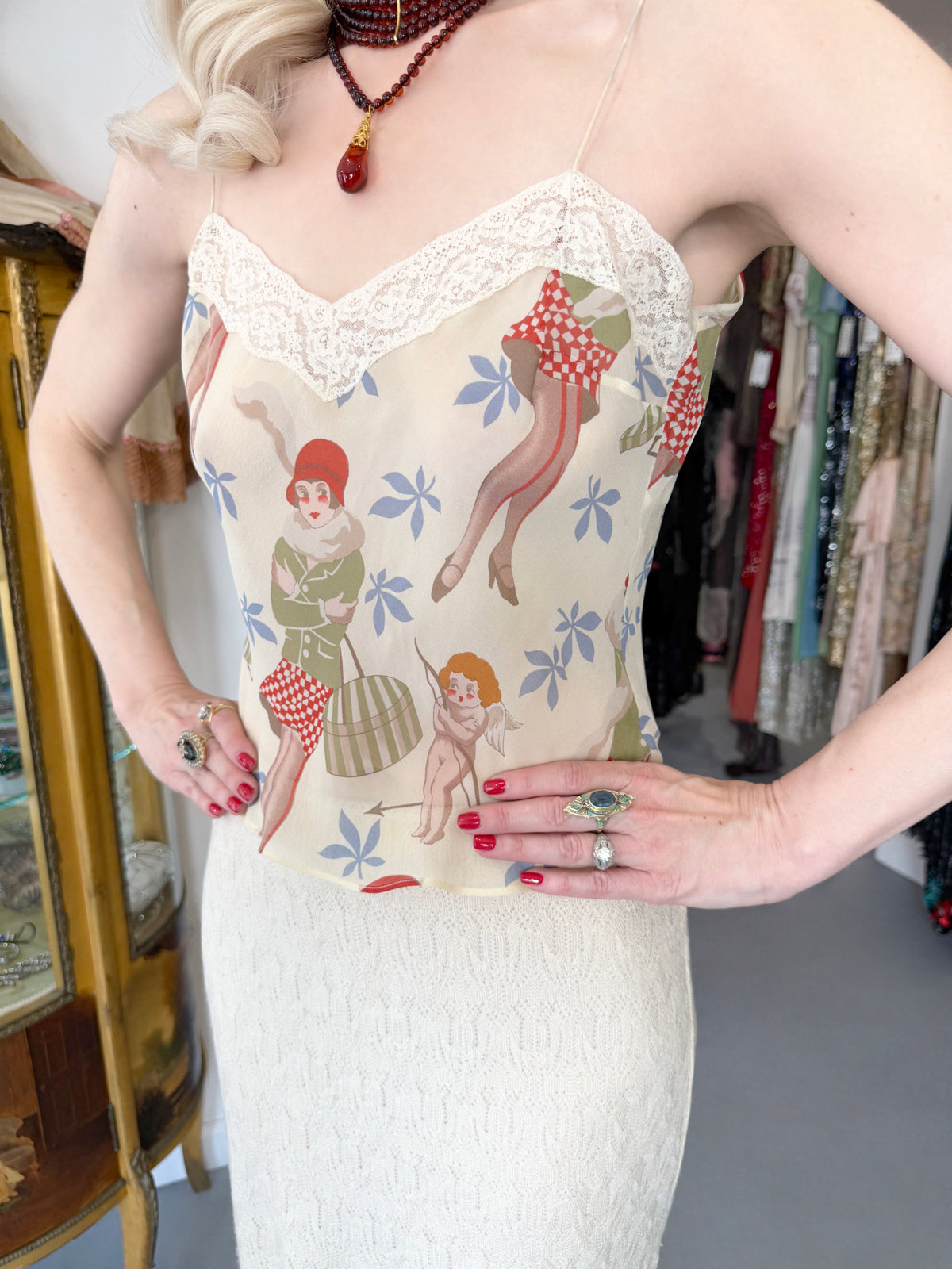 2004 John Galliano 'Cherubs & Flappers' Whimsical Print Silk Camisole & Cashmere Knit Bias-Cut Skirt Set
