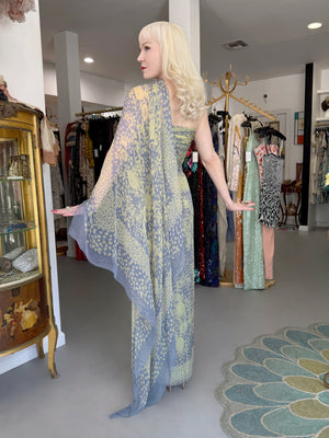 1995 Valentino Runway Periwinkle & Yellow Floral Print Silk Ruched Strapless Draped Gown