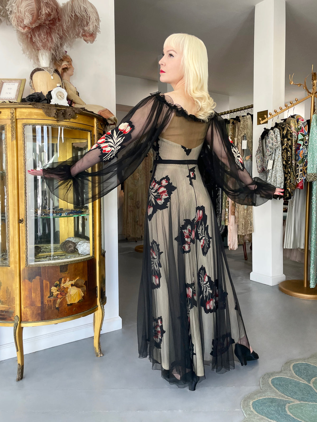 1936 Ginger Rodgers for Lettie Lee ‘Old Hollywood’ Floral Silk Appliqué Billow Sleeve Dress