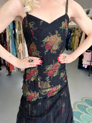 2010 Ralph Lauren Runway Metallic Floral Silk & Black Sheer Tulle Hourglass Mermaid Gown