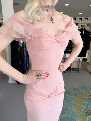 2004 Christian Dior by John Galliano Light Pink Silk Draped Shawl High Slit Bias-Cut Gown