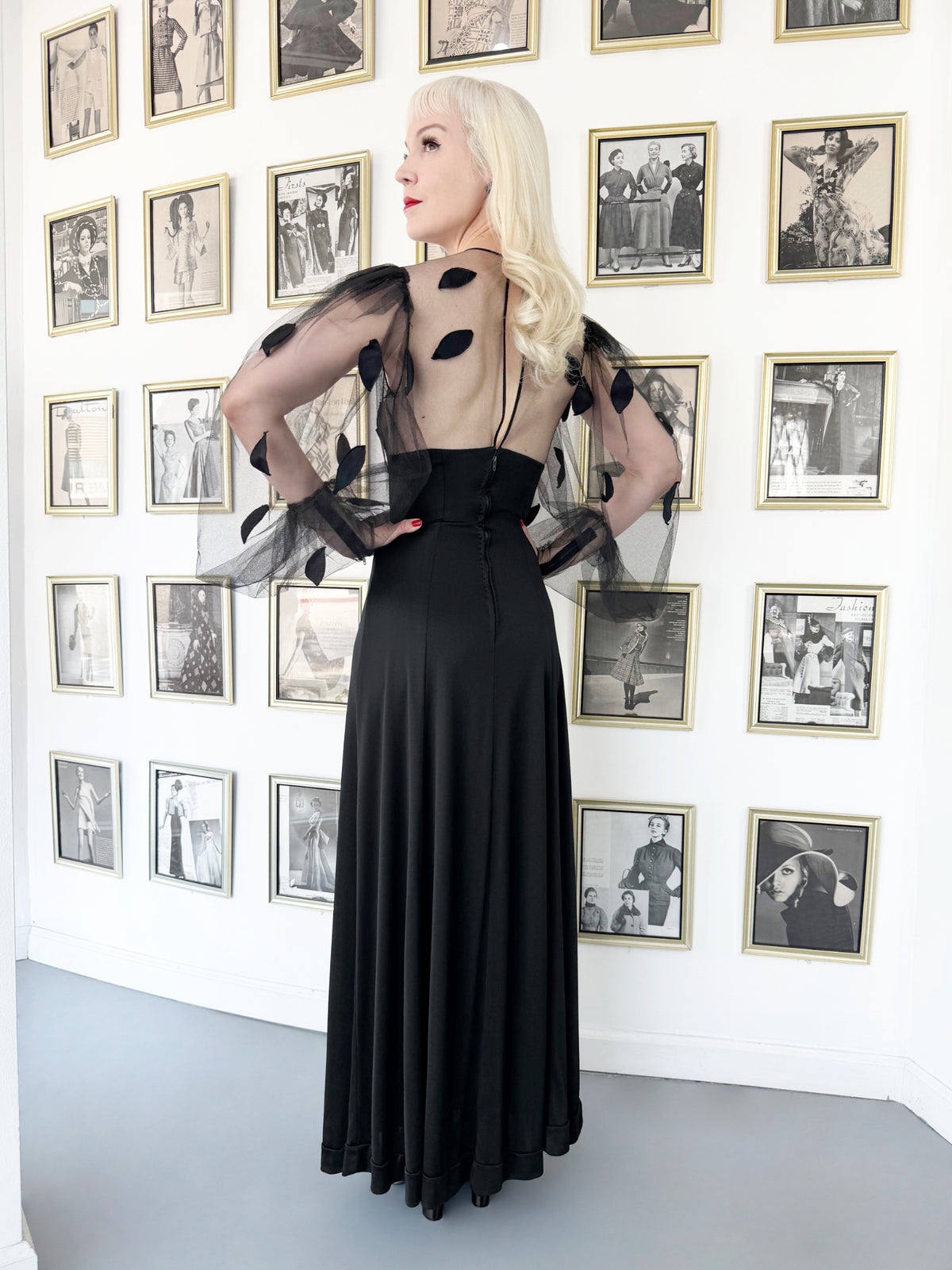 1979 Loris Azzaro Black Silk Jersey Sheer Illusion Petal Motif Billow-Sleeve Gown
