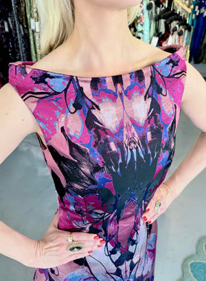 2010 Alexander McQueen Orchid Print Silk Jacquard & Tulle Asymmetric Bustle Gown