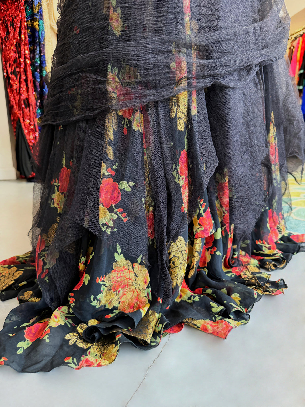 2010 Ralph Lauren Runway Metallic Floral Silk & Black Sheer Tulle Hourglass Mermaid Gown