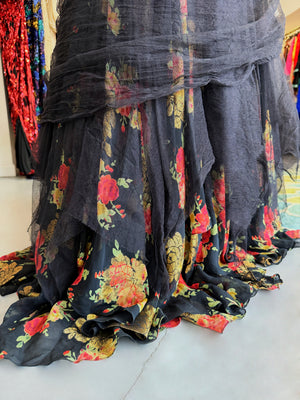 2010 Ralph Lauren Runway Metallic Floral Silk & Black Sheer Tulle Hourglass Mermaid Gown