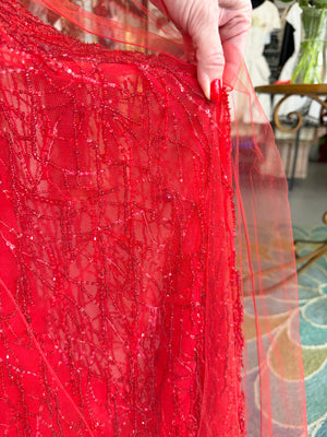 2001 Giorgio Armani 'Kate Moss for Vogue' Magazine Cover Fully-Beaded Ruby Red Silk Tulle Finale Gown