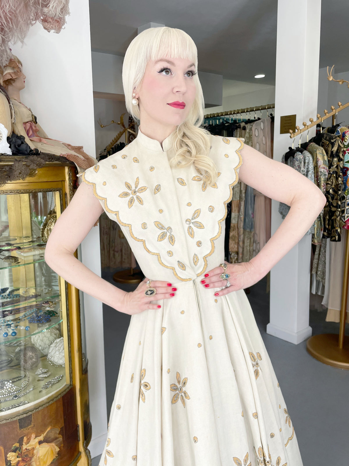 1949 Jacques Fath Attributed Haute Couture Embroidered Beaded Eyelet Cream Linen Gown