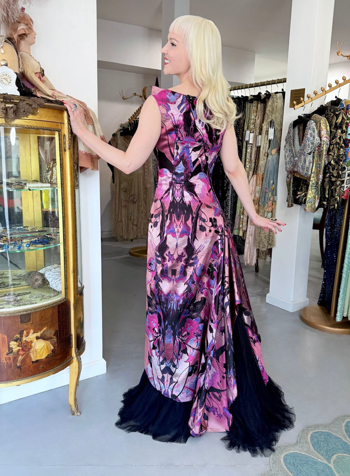 2010 Alexander McQueen Orchid Print Silk Jacquard &amp; Tulle Asymmetric Bustle Gown