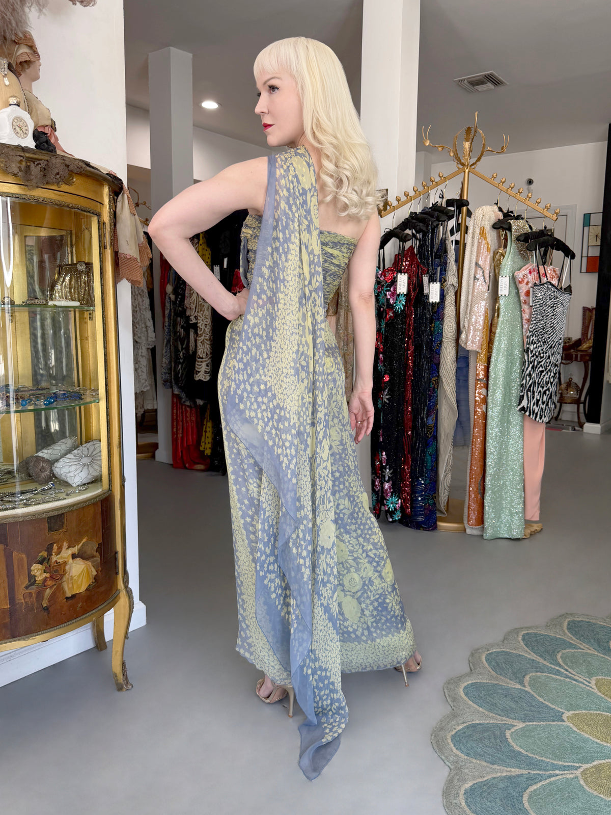 1995 Valentino Runway Periwinkle & Yellow Floral Print Silk Ruched Strapless Draped Gown